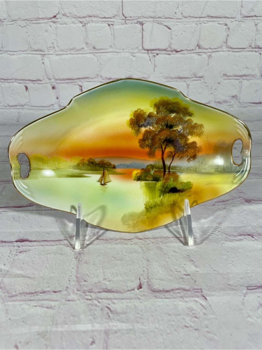 Vintage Noritake Hand Painted Sailboat On River Sunset Relish Dish Gold Trim